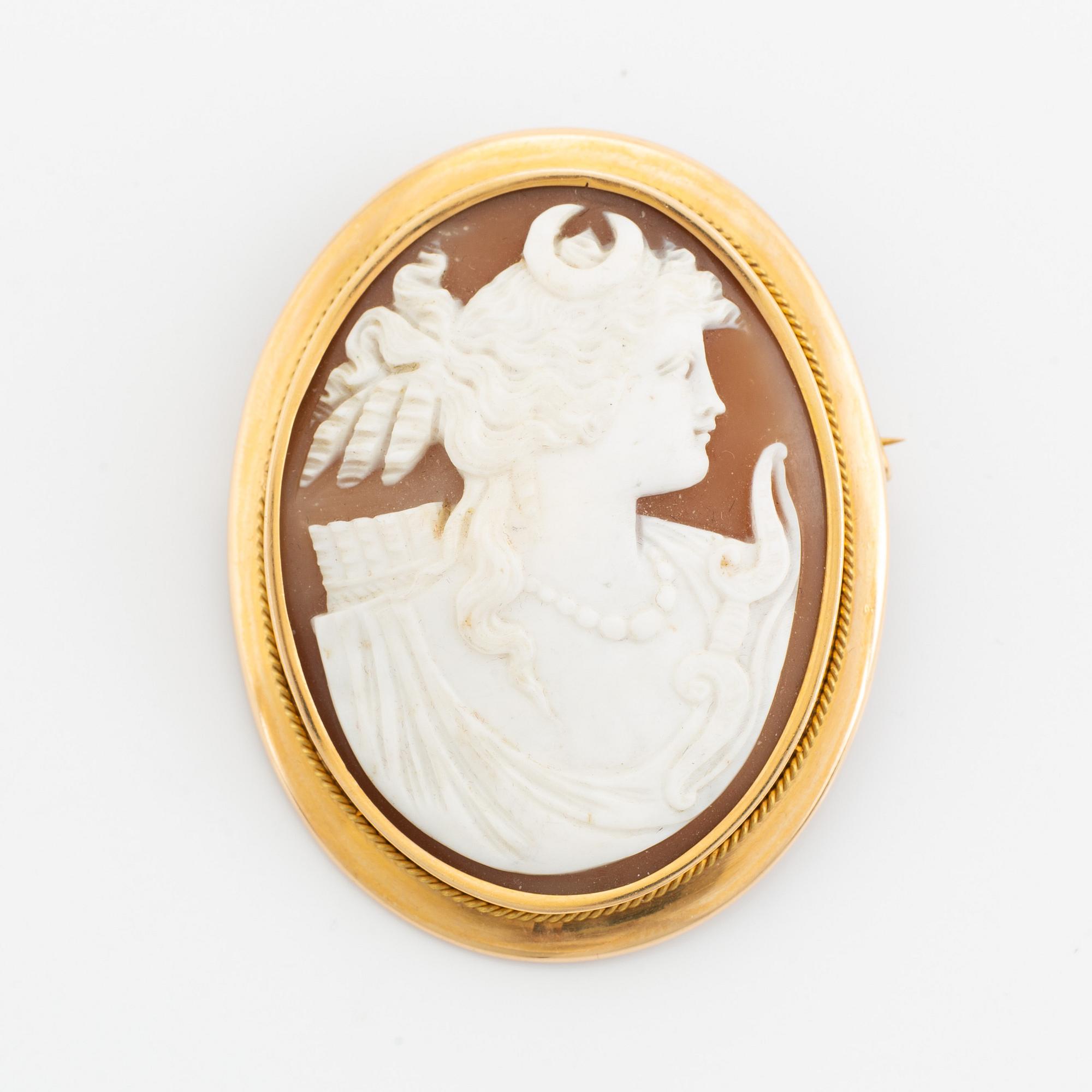 Gold and carved sea shell cameo.