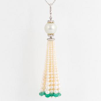 Cultured pearl, diamond and emerald bead necklace.