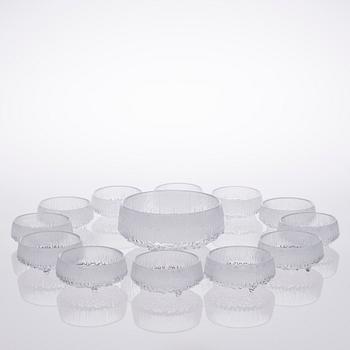 MALJA ja JÄLKIRUOKAKULHOJA, 12 kpl, lasia, "Ultima Thule" Tapio Wirkkala, Iittala.