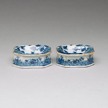 A pair of blue and white salts, Qing dynasty, Qianlong (1736-95).