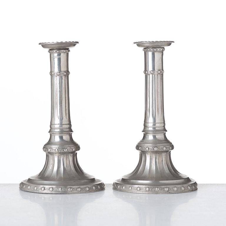 A pair of pewter candlesticks by Olof Martin Moberg, Jönköping 1791.