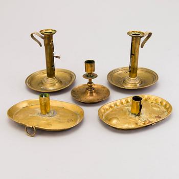 CANDLESTICKS, 5 pieces, brass, 19th century.