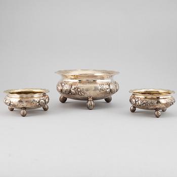 A set of three BAroque style silver bowls, maker's mark CG Hallberg, Stockholm, 1949-1950.