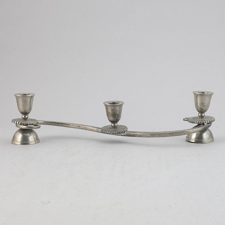 A three light pewter candelabrum, Just Andersen. Denmark.