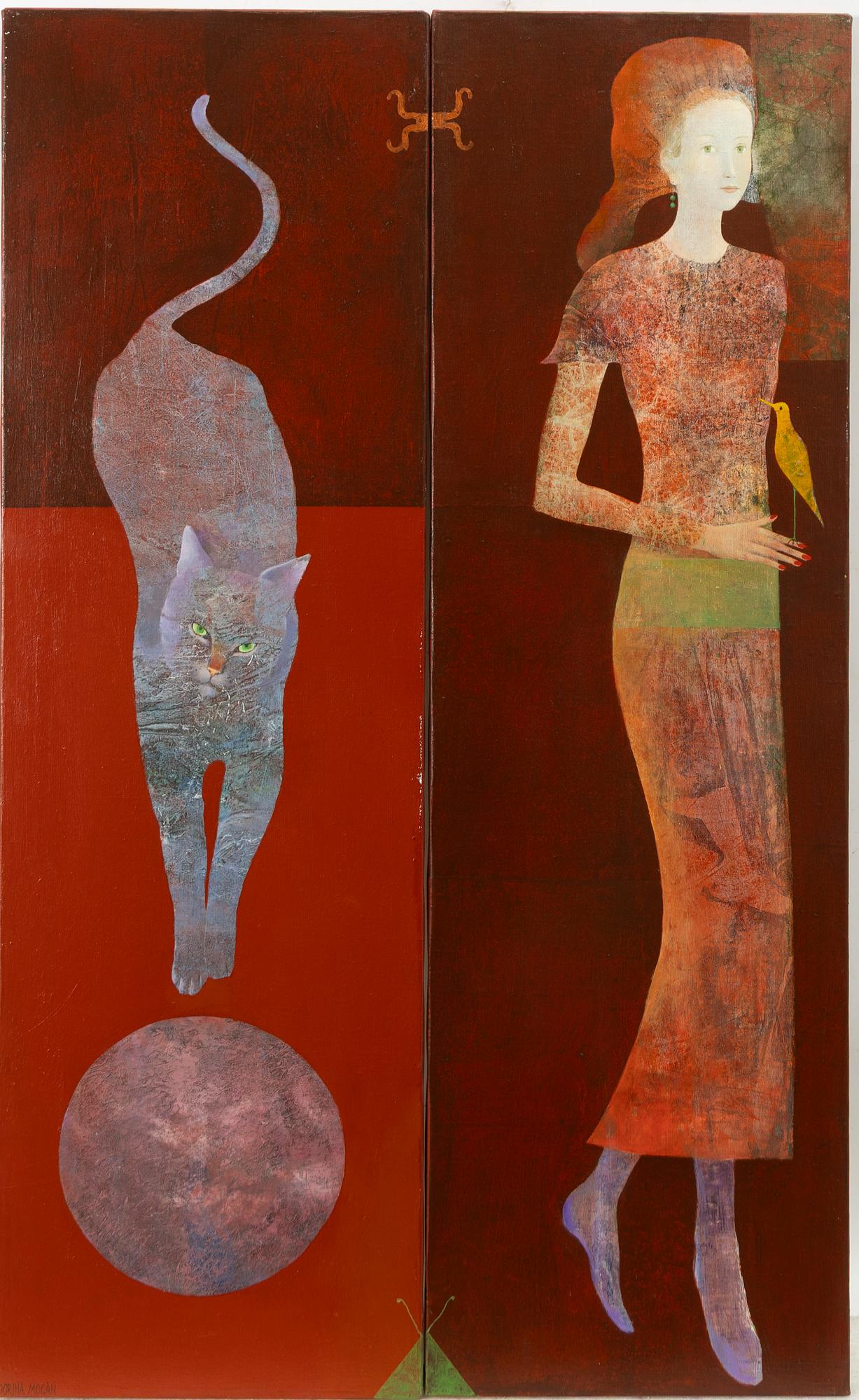 Dorina Mocan, Cat, Woman and Canary (diptych).