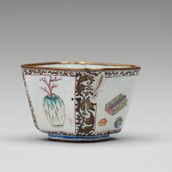 An enamel on copper winecup and stand, Qing dynasty, 18th Century.