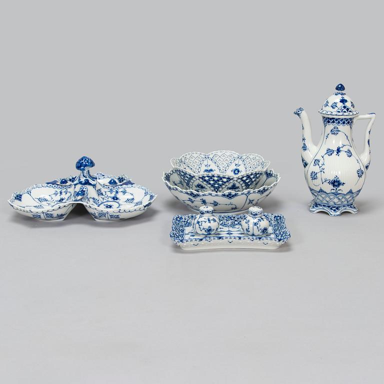 A 39-piece porcelain coffee set, 'Musselmalet', mostly full lace, Royal Copenhagen, Denmark.