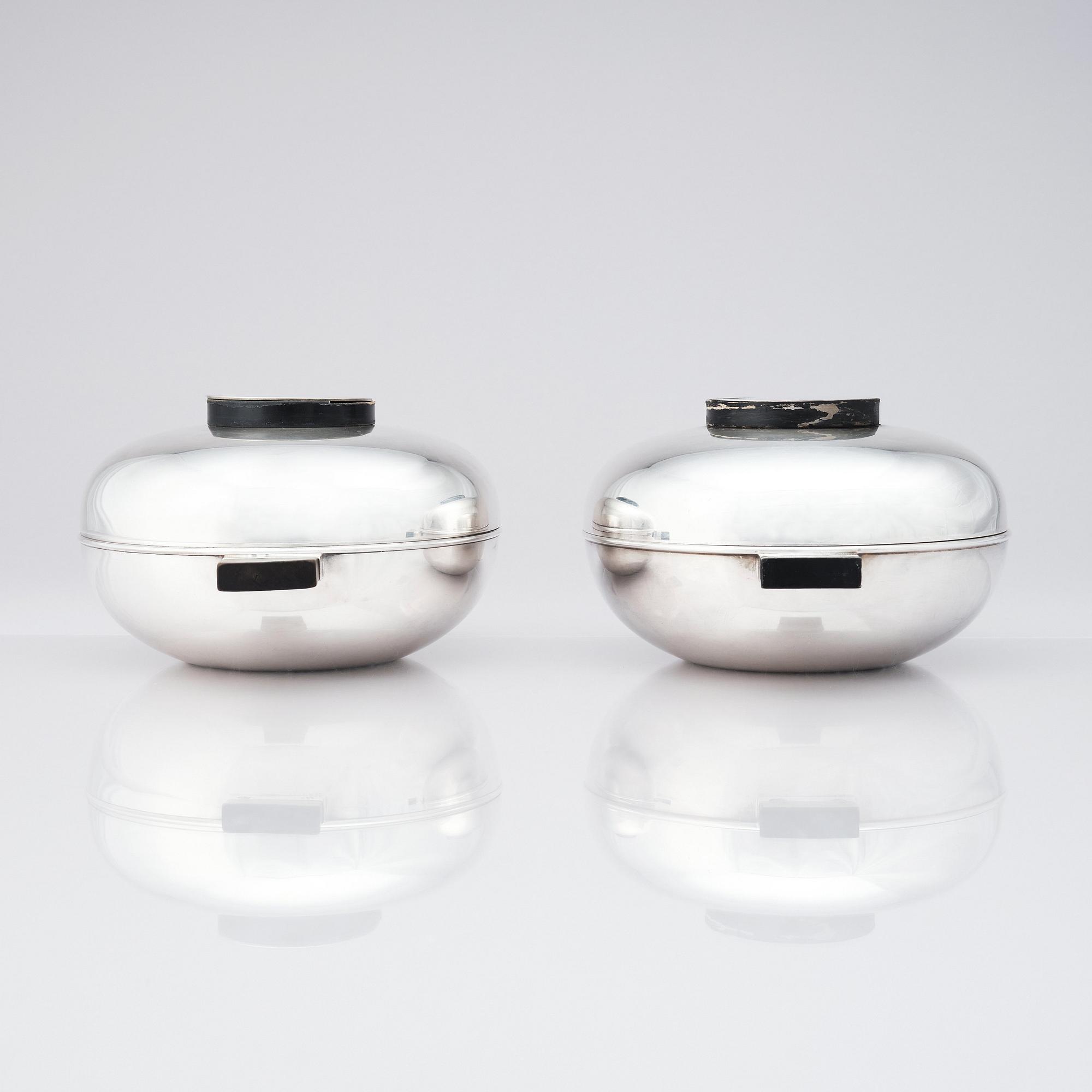 Sylvia Stave, two alpacca lidded dishes, C.G. Hallberg, Stockholm, designed in 1934.