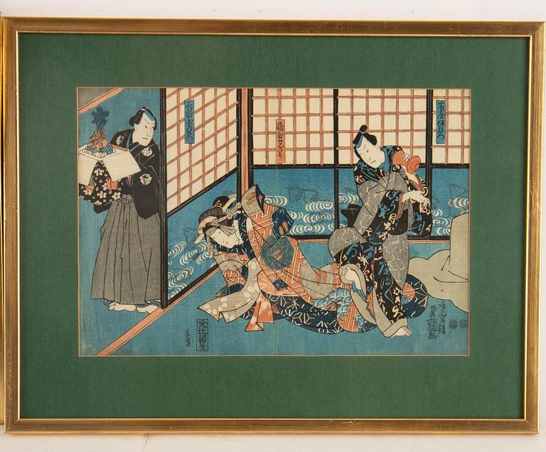 Utagawa Kunisada, färgträsnitt, tre stycken, Japan.