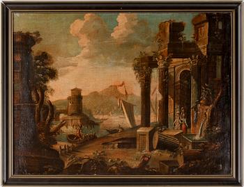 445. Johann Oswald Harms Follower of, Capriccio ruins by a port.