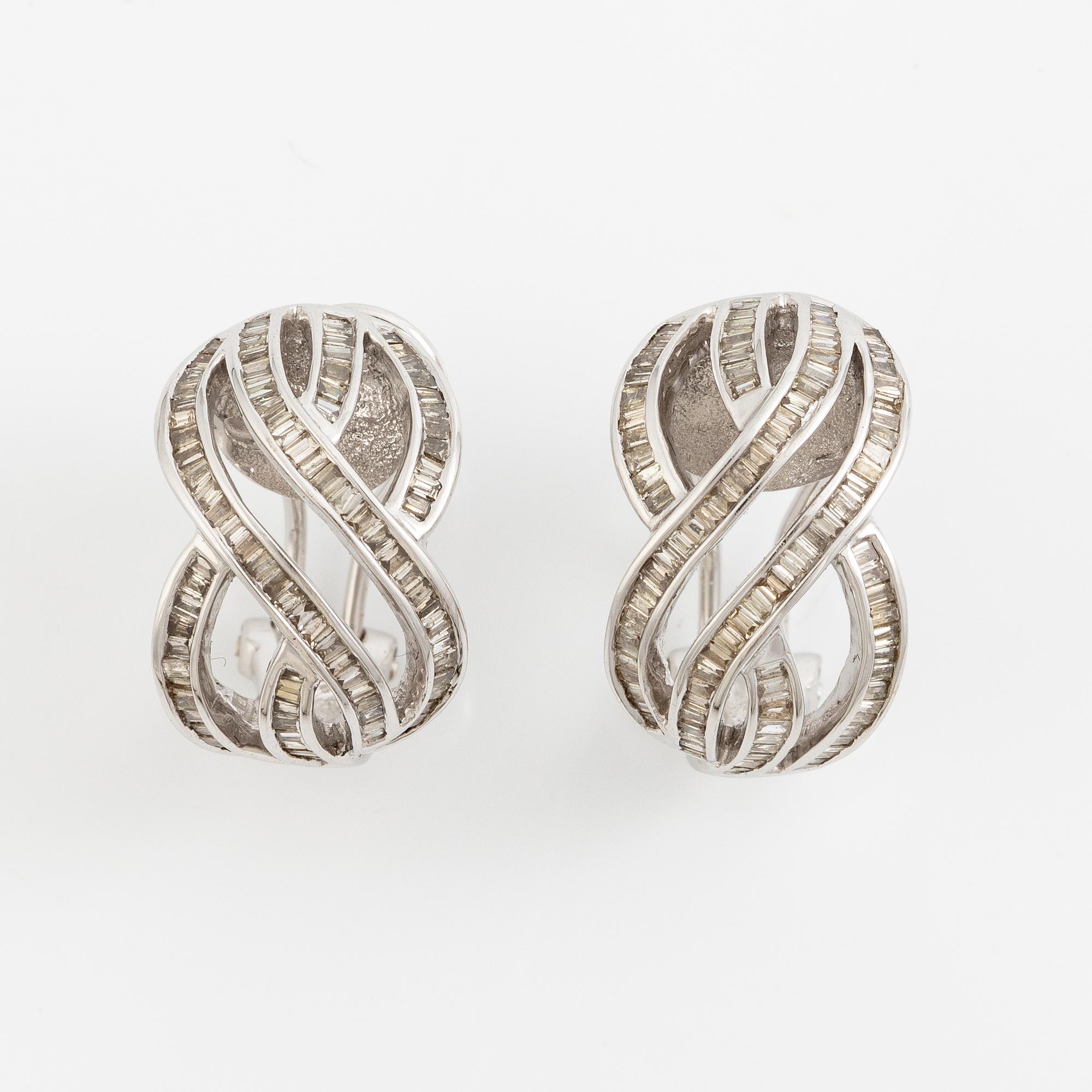 Earrings, a pair, 18K white gold with baguette-cut diamonds.