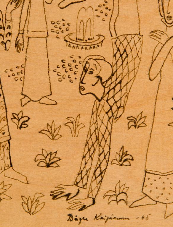 Birger Kaipiainen, piirros, tussi vanerille, signeerattu ja päivätty -46.