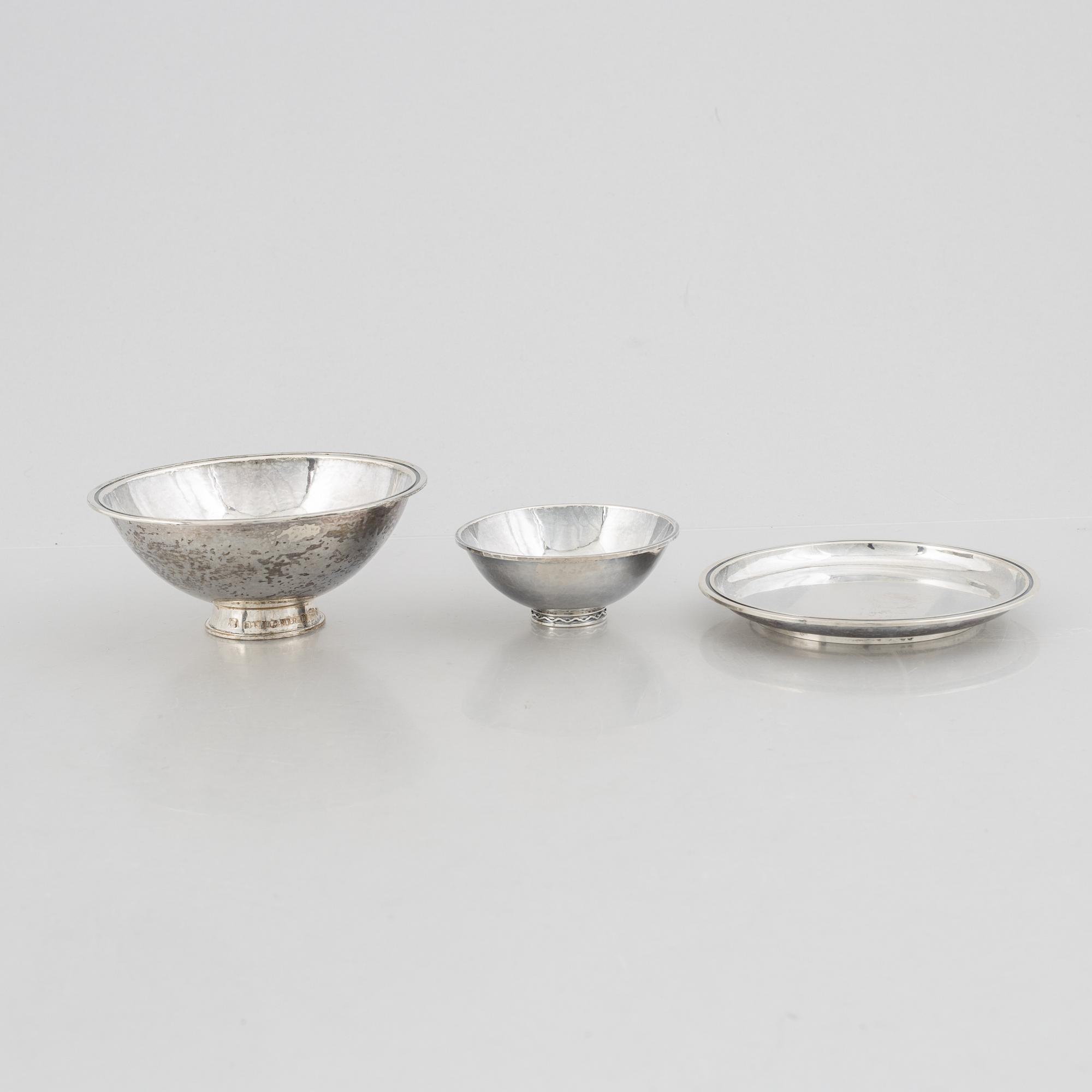 Two Swedish silver bowls and a dish, marks of Tore Kullander, Borås 1950-1951.