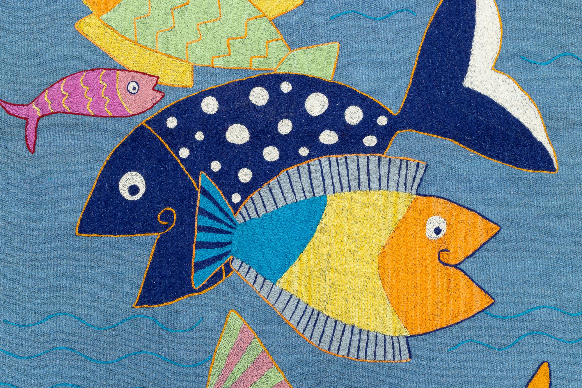 Matta, kelim, handbroderad, blå botten, ca 184 x 113 cm.