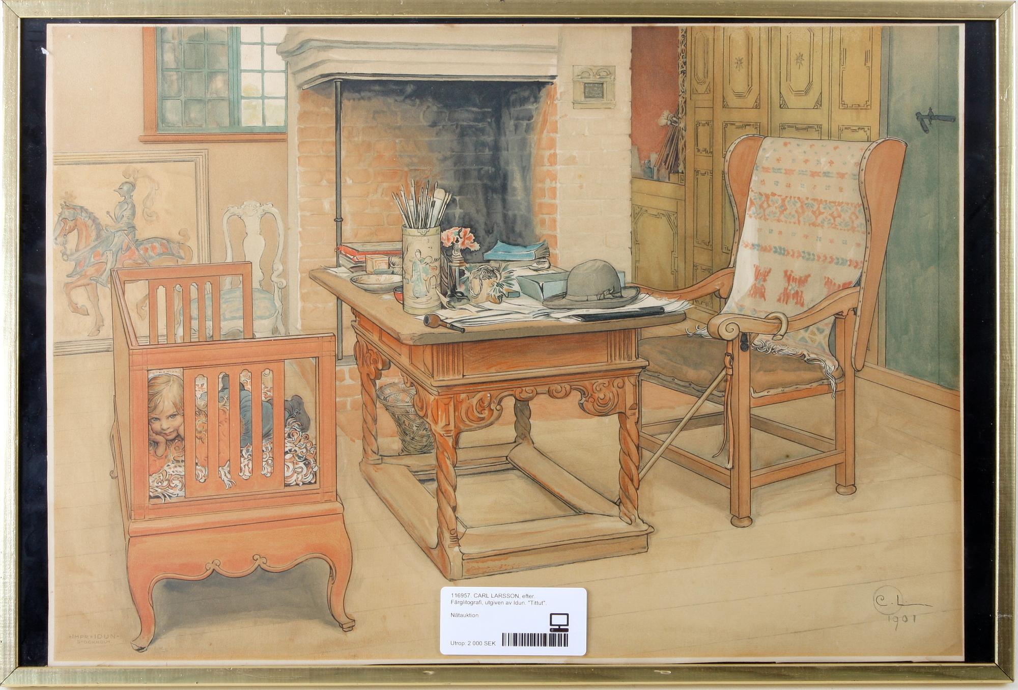 CARL LARSSON, efter. Färglitografi, utgiven av Idun. "Tittut".