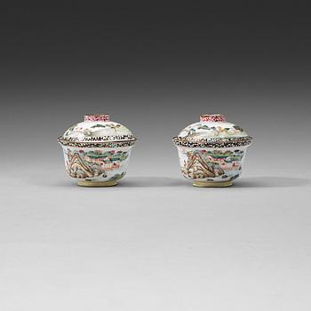 A pair of copper on enaml cups with covers, Qing dynasty, 18th Century.