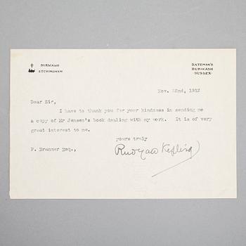 RUDYARD KIPLING (1865-1936), brev med egenhändig namnteckning, dat Burwash Etchingham nov 22 1912.