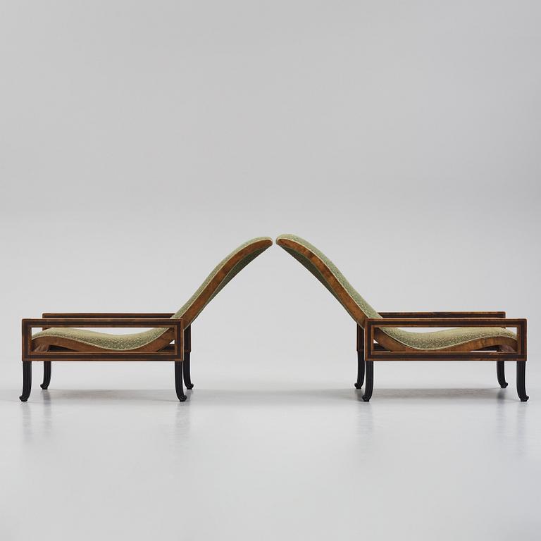 Carl Hörvik, a pair of mahogany-stained birch lounge chairs, Swedish Grace 1920s.