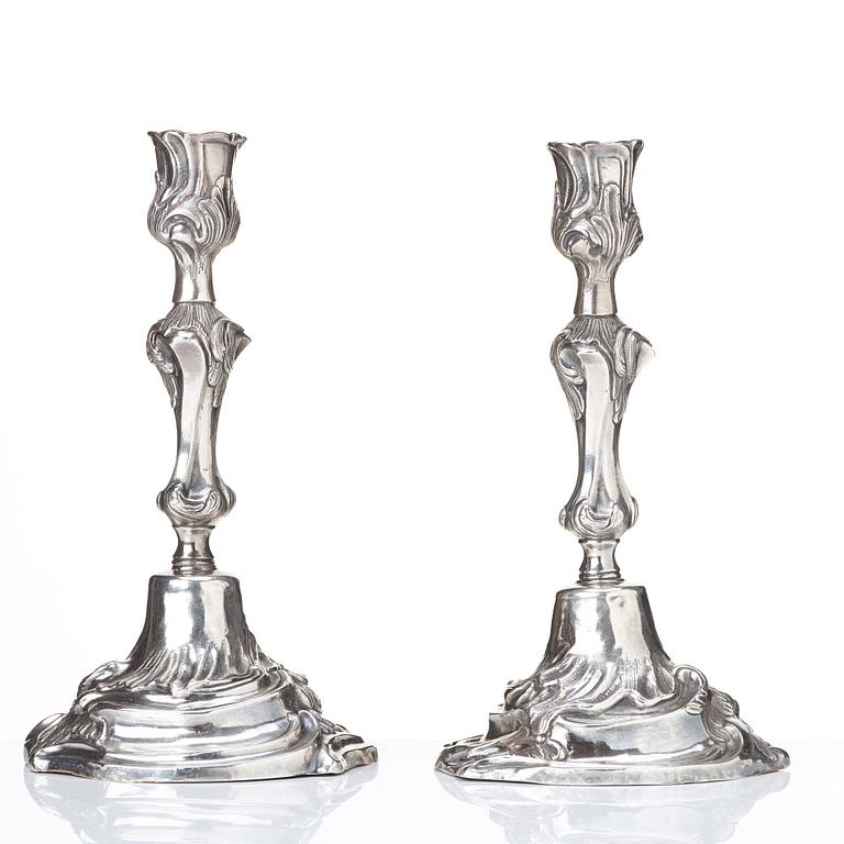 A pair of Swedish rococo argent haché candlesticks, by Caspar Liendenberg, Stockholm 1770.