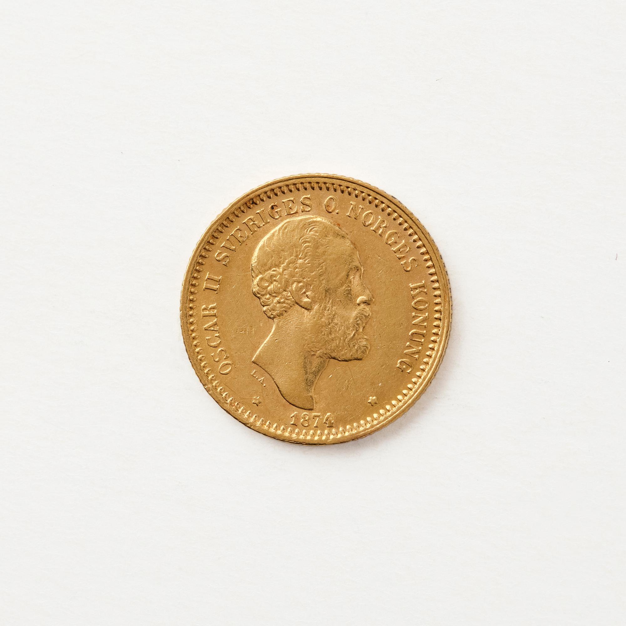 Gold coin, Oscar II, Sweden, 10 kronor, 1874.