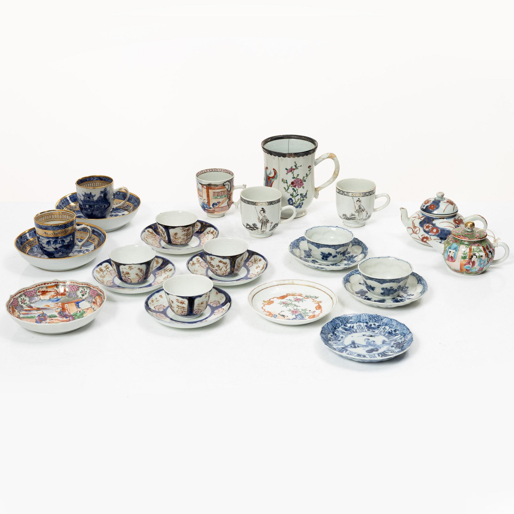 A collection of cups, saucers and teapots, China, Qing dynasty, mostly 18th century.