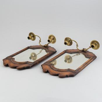 A pair  century wood and brass mirror wall sconces for two candles.c. 1900.