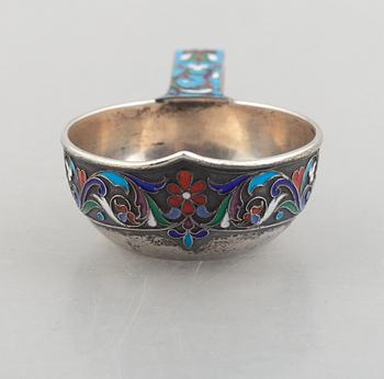 A Russian silver and enamel kovsh, 1896-1908.