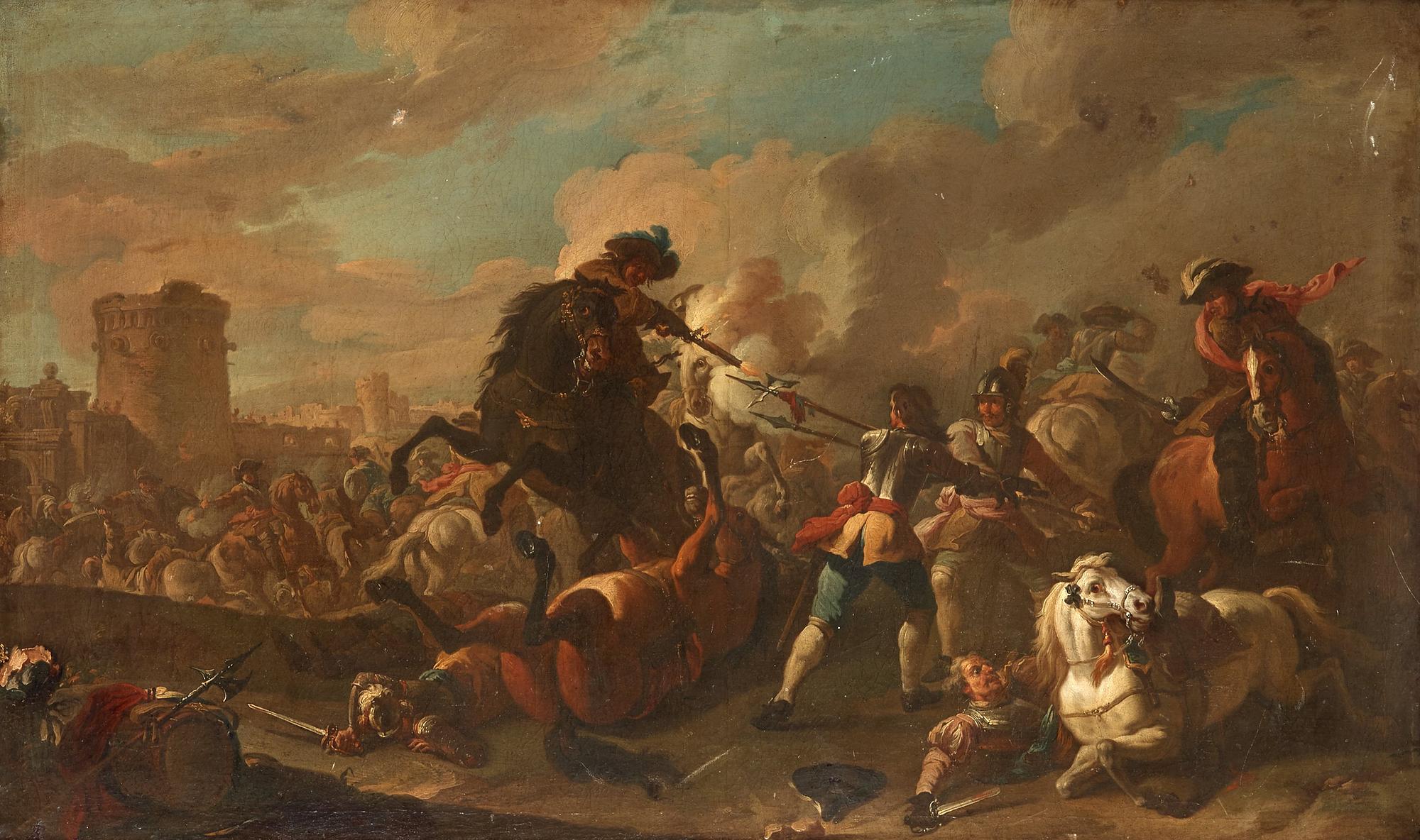 August Querfurt Attributed to, Battle scene ouside the city wall.