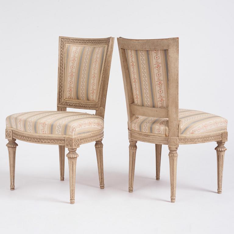 An assembled suite of eight Gustavian chairs, six of which by J. Lindgren (master 1770-1800).