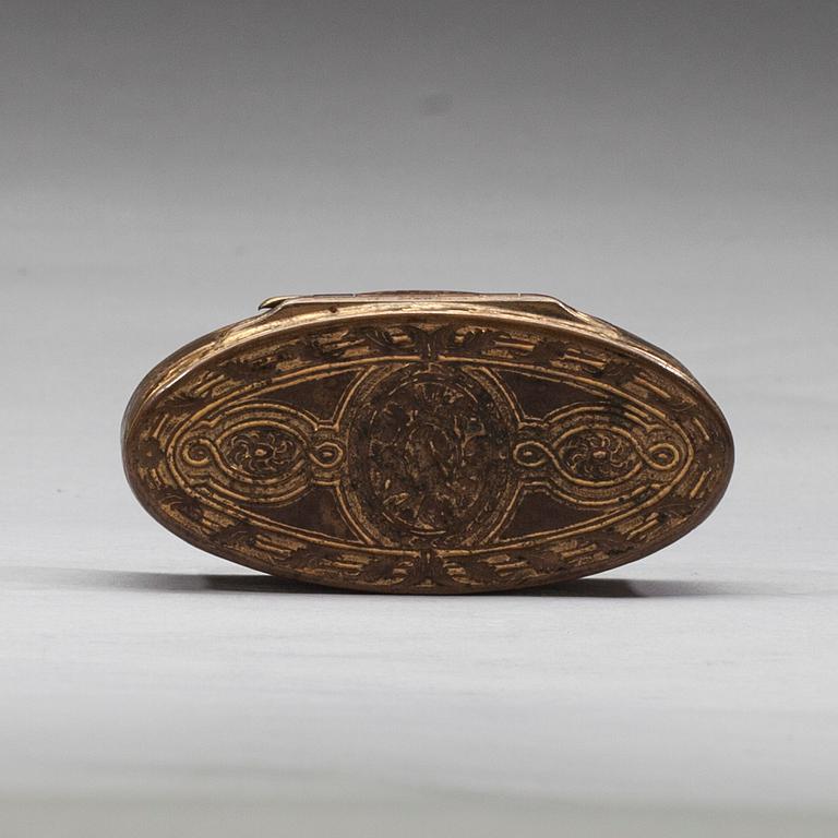 SNUSDOSA, gustaviansk, förgylld koppar, 1700-tal.