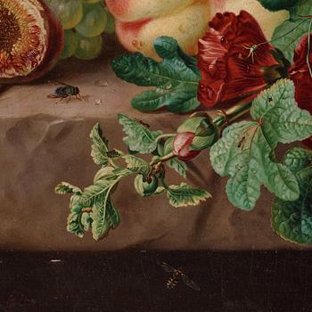 Amalie Kärcher, Still life with plums, figs, grapes, and insects.