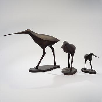 TAPIO WIRKKALA, A SET OF THREE BIRDS SCULPTURES. Snipes. Signed TW. Mid 1970s.