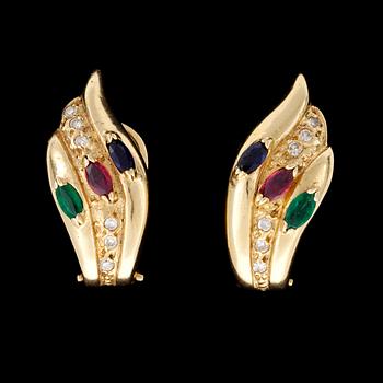 249. EARRINGS, marquise cut emerald, ruby, blue sapphire and brilliant cut diamonds, tot. app. 0.12 cts.