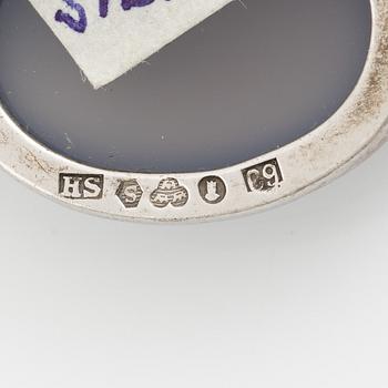 Two brooches, silver with chalcedony and white stones, SE Högberg, Gothenburg 1964 and H Strömdahl, Stockholm.