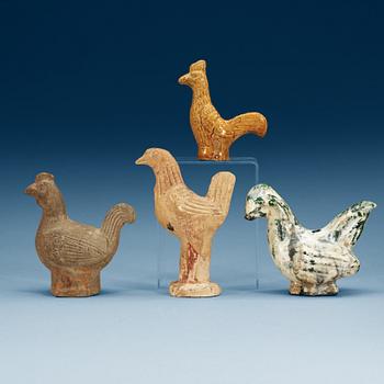 A set of four pottery models of roosters, Han, Tang and Liao dynasty.