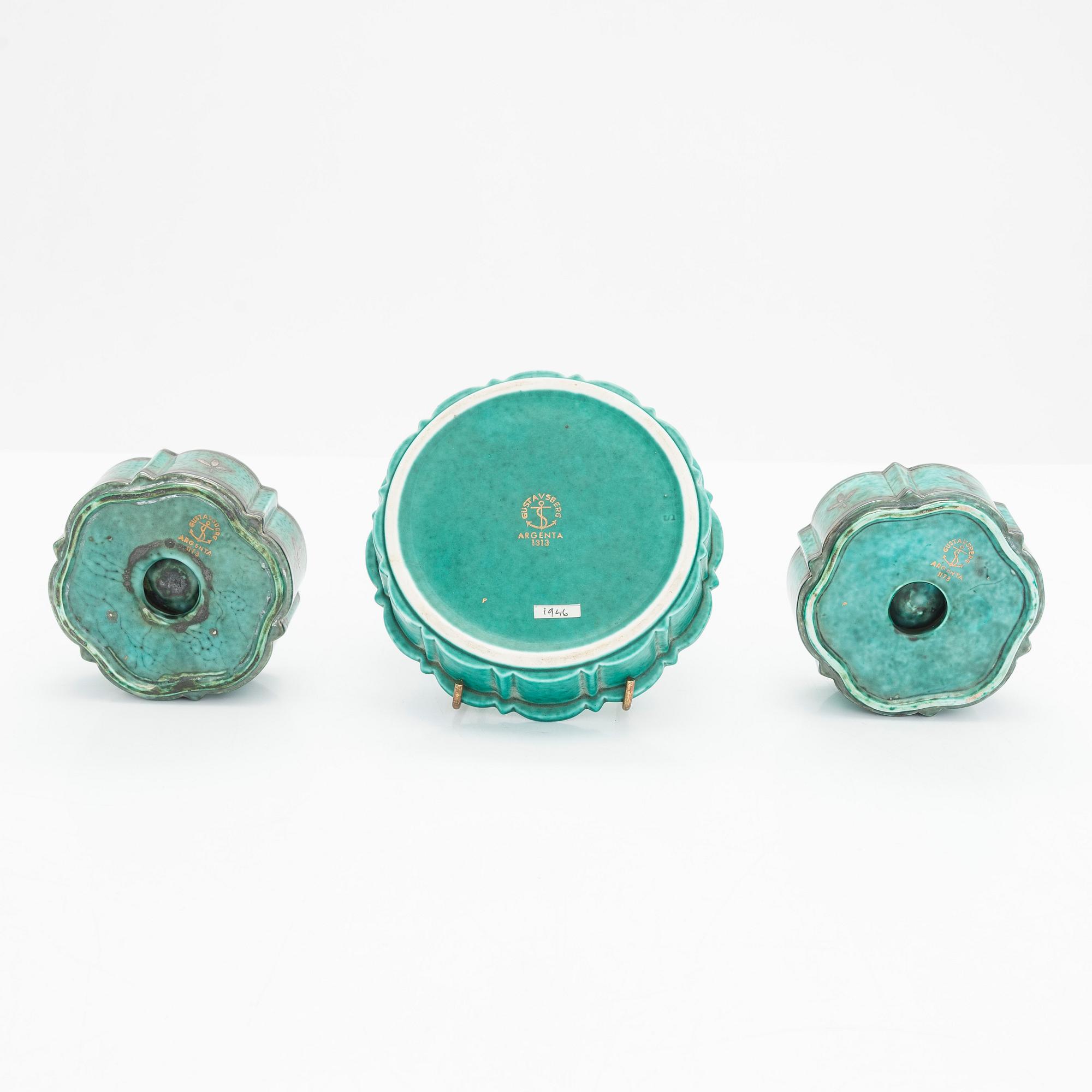 Wilhelm Kåge, ljusstakar, ett par, samt skål, "Argenta", Gustavsberg.