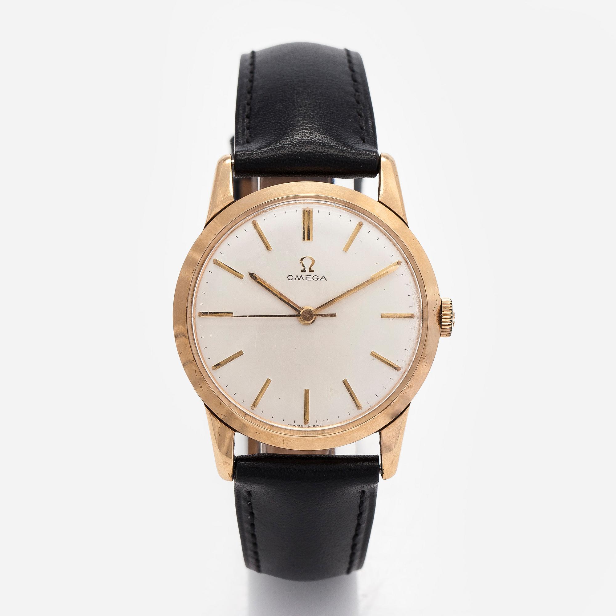 Omega, wristwatch, 35.5 mm, 14K, manual, plastic crystal, circa 1962.