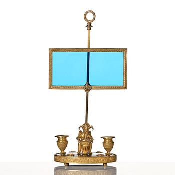 A Russian Empire ormolu and patinated bronse two-light lamp, early 19th century.