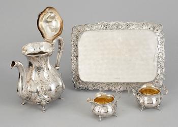 KAFFESERVIS, 4 delar, silver, rokokostil, bland annat GEWE, Malmö, 1977. Total vikt ca 1523g.