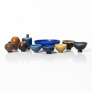 Berndt Friberg, miniature vases, ten pieces, stoneware, Gustavsberg Studio 1960s/70s, and a book.