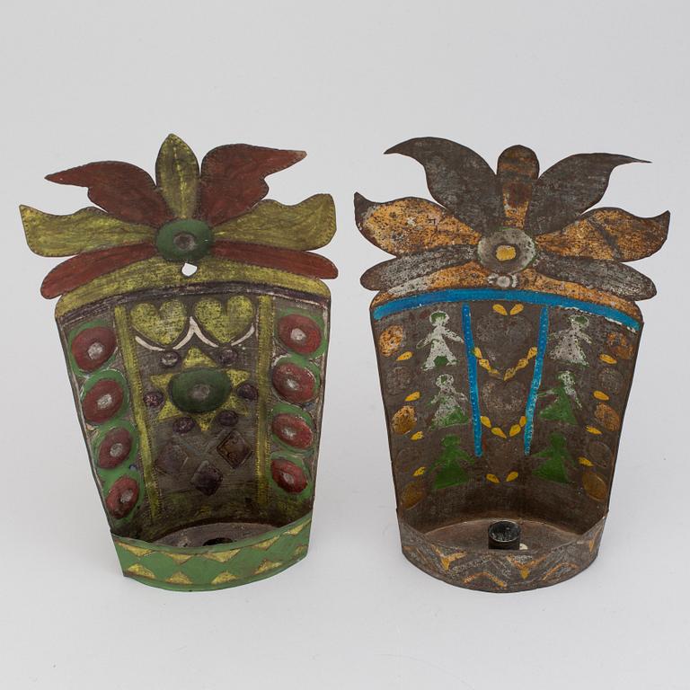 TWO WALL LIGHTS, tin plate, ca 1900.