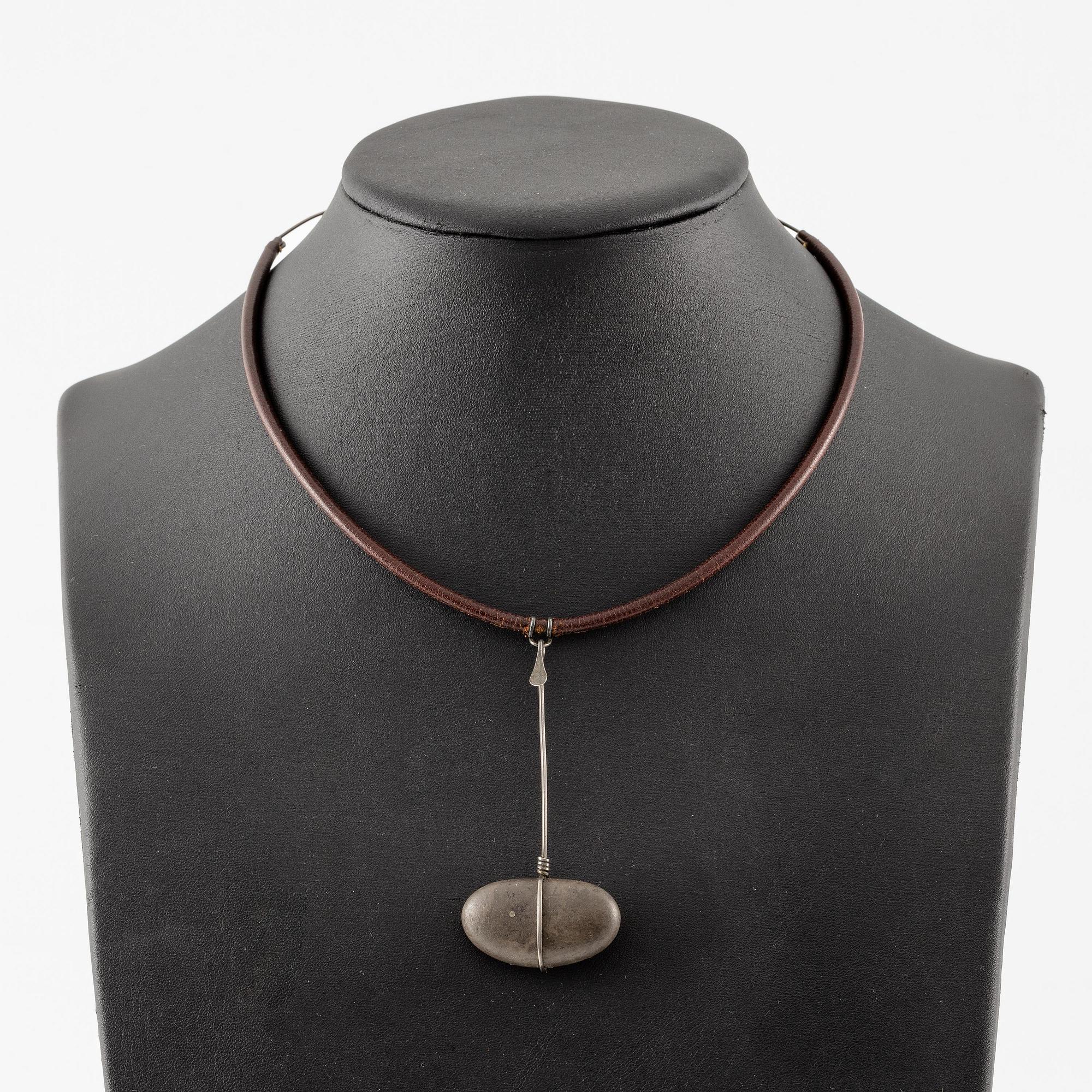 Vivianna Torun Bülow-Hübe, a necklace, silver with leather and a natural stone, excecuted in her own studio, most likely 1950's.