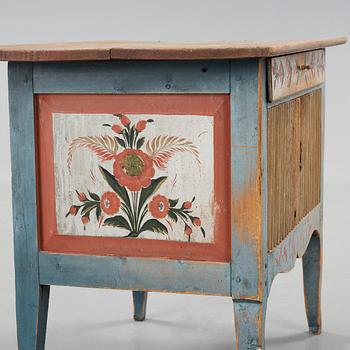 A painted pine table marked E.S.D 1833.