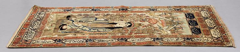 A RUG, a semi-antique/antique Kashan figural, "Motachem", ca 217 x 135 cm (as well as one end with 2,5 cm flat weave).