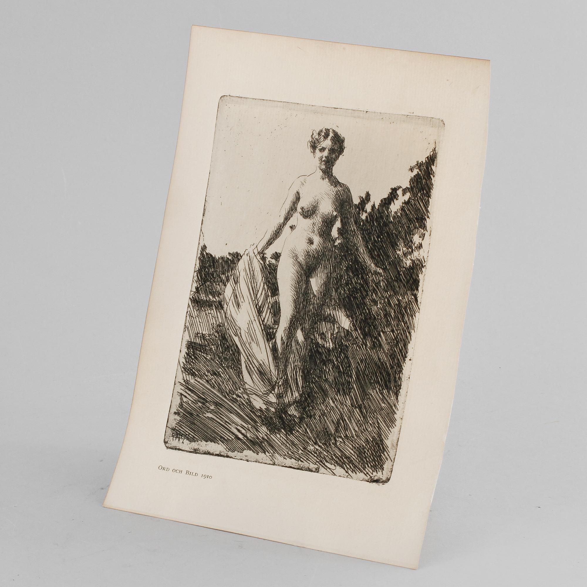 ANDERS ZORN, etsning, signerad i plåten 1907, ur Ord och Bild 1910.