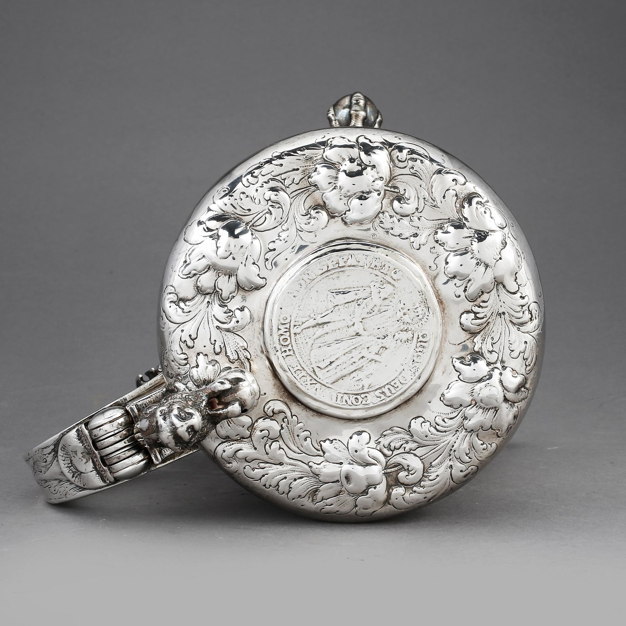 DRYCKESKANNA, silver, barock, Johannes Johannesen Reimers, Bergen, verksam 1667-1722. Vikt ca 1094g.