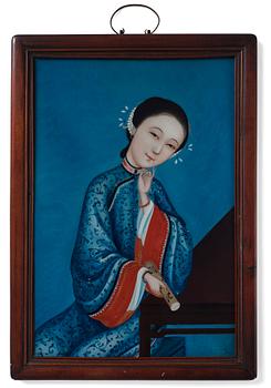 913. A Chinese reverse glass painting of a lady, Qing dynasty, 19th Century.
