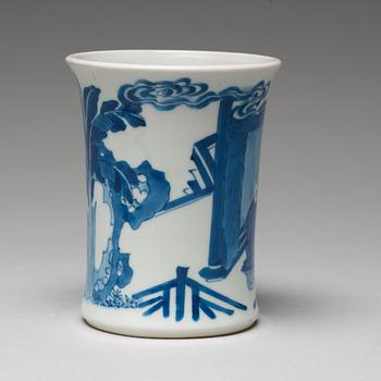 A blue and white Transitional brush pot, 17th Century with Chenghua mark.