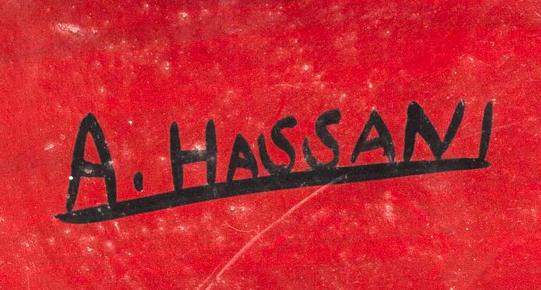 An 1970:s Abdellehamani Hasani so called Tingatinga- painting, bicycle paint on masonite, signed.