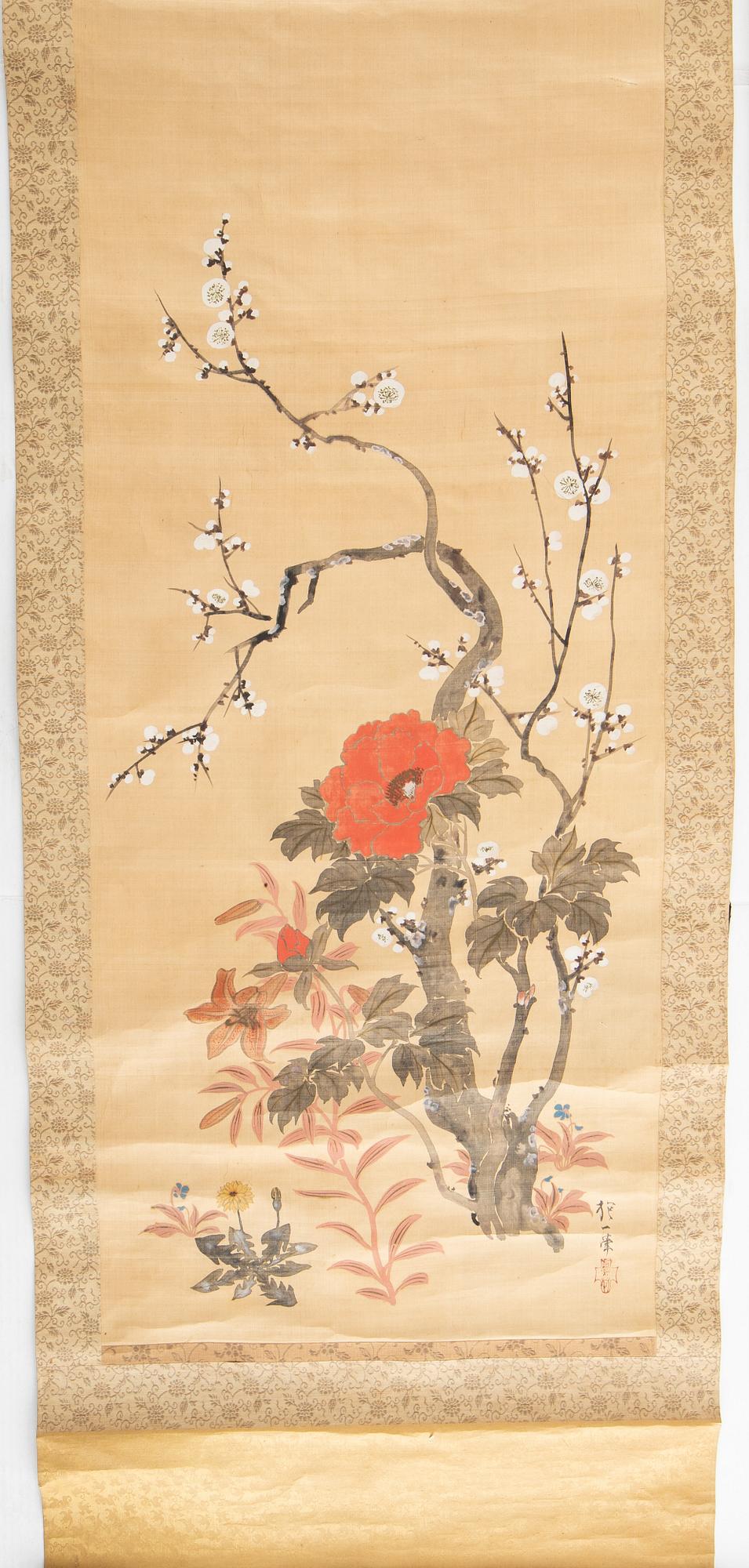 Rullmålningar, två stycken, färg och tusch på papper. Japan, 1900-tal.